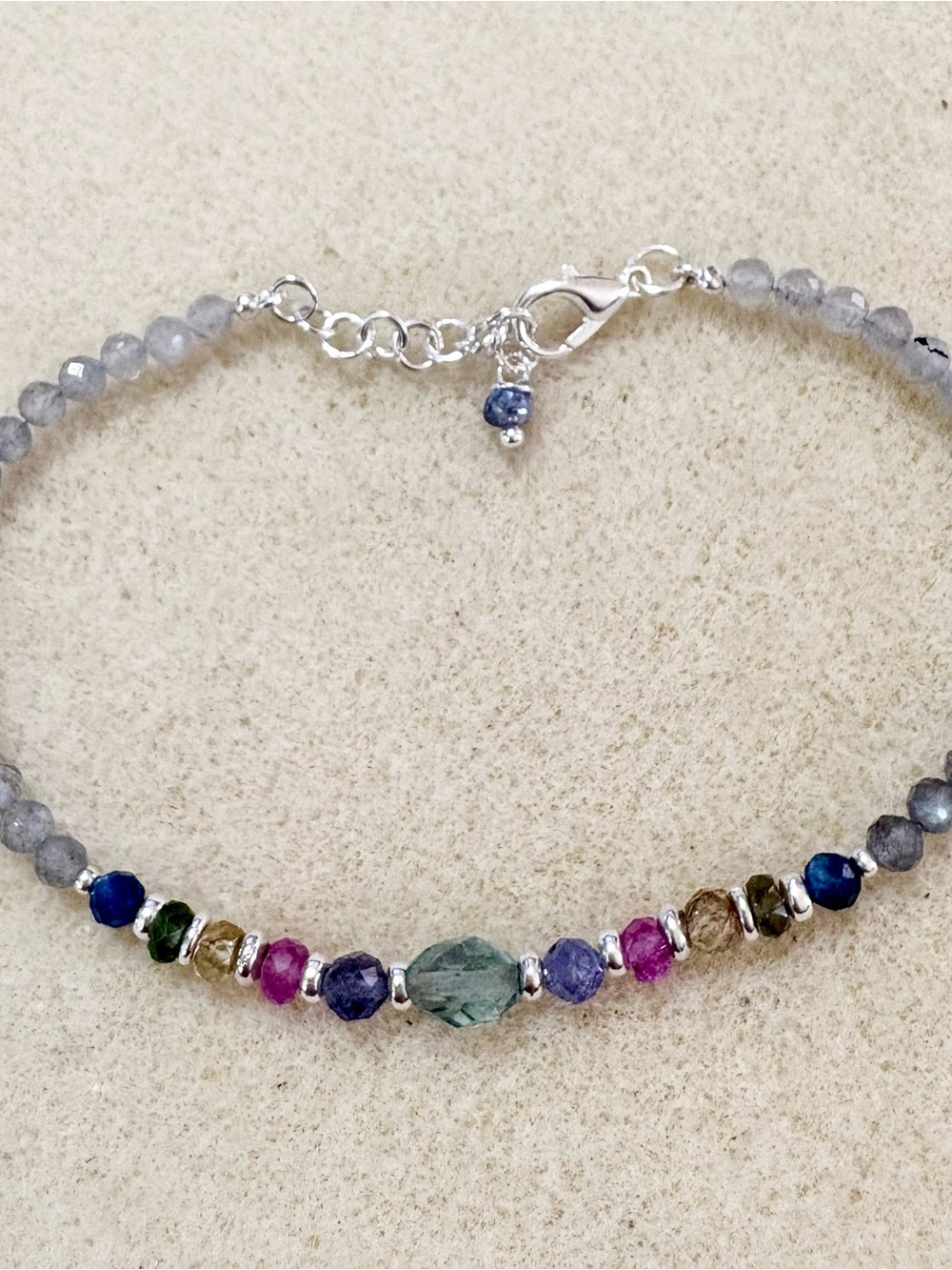 Fluorite, Tourmaline and Labradorite Bracelet with silver Accents 3-4 mm